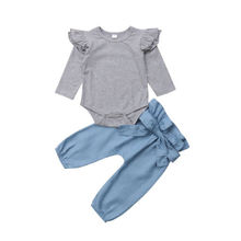 Macacão infantil de algodão para crianças, blusa de manga longa lisa com laço, calça jeans, roupas 2024 - compre barato