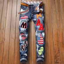 2019 New Punk Style Men's Distressed Destroyed Pants Embroidered Letter Patches Blue Skinny Paint Jeans Slim Trousers Size 29-38 2024 - buy cheap