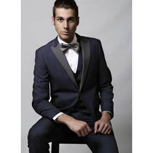 New Groom men suit Tuxedo Navy Blue Groomsmen Peak Lapel Wedding Dinner mens Suits Best Man Bridegroom (Jacket+Pants+Tie+Vest) 2024 - buy cheap