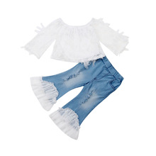 Moda Criança Kid Baby Girl Verão Ombro Off White Lace T Camisa Tops Destruído Calças Jeans Outfits Set 2024 - compre barato
