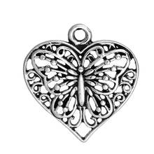 Doreen Box 10 PCs Heart Charm Pendants Butterfly Hollow Zinc Alloy Silver Color Color 23mm x 22mm, Hole: 2.2mm 2017 New 2024 - buy cheap