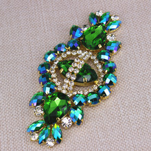 12*5.8cm Glass+resin Green Colorful rhinestone applique Gold Base Dress Belt Applique Sew on Party Dress Decoration 2024 - buy cheap