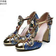 Qianruiti Fashion Women Jewel Sandals Embroidered Block High Heels Rhinestone T-strap Pumps Party Wedding Shoes Crystal Heels 2024 - buy cheap