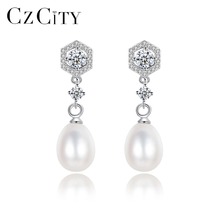 CZCITY-pendientes de gota de perlas naturales de agua dulce para mujer, joyería de plata 925 brillante, adorno de CZ, pendientes de perlas encantadoras 2024 - compra barato
