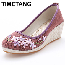 TIMETANG-Zapatos de lino de Estilo Vintage para Mujer, cuñas de lona con plataforma, Retro, bordado Floral, E351 2024 - compra barato