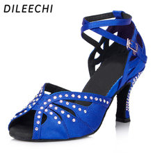 DILEECHI Blue satin diamond Latin dance shoes women's Soft outsole High-heeled 7.5cm Ballroom dancing shoes party wedding shoes 2024 - buy cheap