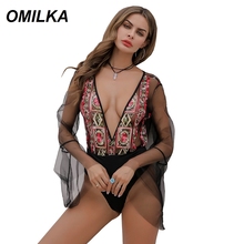 Omilka-macacão curto com estampa floral, malha bordada, manga solta, transparente, para o verão, clube, praia, 2019 2024 - compre barato