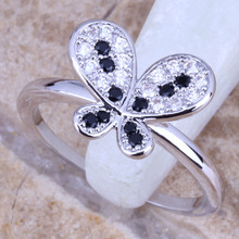 Black Cubic Zirconia White CZ Silver Plated  Women's Jewelry Butterfly Ring Size 6 / 7 / 8 / 9 R0488 2024 - buy cheap