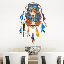 Tribe Girl Portrait Feather Wall Decals Living Room Bedroom Decorative Stickers Indian Style Dream Catcher Skull Totem Mural Art 2024 - buy cheap