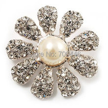 (Minimum Order $12) 2 Rhinestone Diamante Ivory Pearl Center Sun Flower Party Brooch 2024 - buy cheap