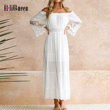 Women Sexy Off Shoulder Lace Boho Dress Summer White Cotton Strapless Long Beach Dresses Ladies Full Sleeve Maxi Party Dress 2024 - buy cheap