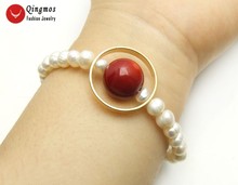 Qingmos Natural Pearl Bracelets for Women with 6-7mm Round White Pearl & 14mm Red Coral Bracelet Fine Jewelry 7.5'' bra455 2024 - buy cheap