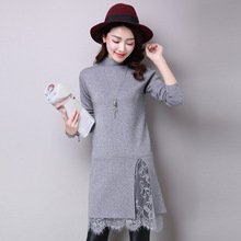 2018 Women Turtleneck Knitted Dress Autumn Winter Lace Patchwork Sweater Dresses Female Midi Long Sweater Dress Vestidos AB1088 2024 - buy cheap