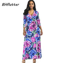 BHflutter Three Quarter Sleeve Autumn Dress Floral Print V neck Sexy Dress High Waist Vintage Women Party Dresses Vestidos 2018 2024 - buy cheap