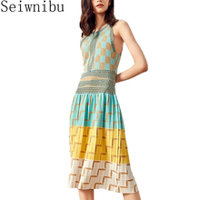 Seiwnibu 2019 Runway Summer Women Knitting Dress Sexy O Neck Sleeveless Bohemian Plaid Sweater Dress ladies Boho vestidos 2024 - buy cheap