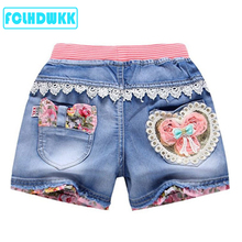 Fclhdwkk calças jeans de menina 2-12 anos, meninas verão estampa floral roupas para crianças flores bordado jeans curto para crianças 2024 - compre barato