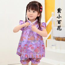 Girl Clothing Sets 2021 Chinese Style Short Sleeve Autumn Cheongsam Lattice Flax Top+Pant Suits Baby Girls Children Clothes Set 2024 - buy cheap