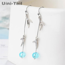 Uini-Tail hot new 925 sterling silver mermaid fishtail earrings Korean fashion temperament blue artificial crystal long earrings 2024 - buy cheap