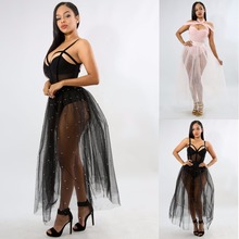 Tulle Transparent Beading Skirt Women Summer Mesh Skirt Female Black Pearl Tutu Elastic Waist Vintage Sheer Pleated Skirt Female 2024 - buy cheap