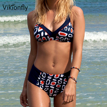 Vikionfly-Bikini de cintura alta para mujer, traje de baño estampado de talla grande, ropa de baño con cuello Halter, traje de baño XXL de cintura alta, 2021 2024 - compra barato