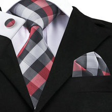 2017 Fashion Black White Red Plaid Tie Hanky Cufflinks 100% Silk Neckties Ties For Men Formal Business Wedding Party C-938 2024 - buy cheap