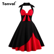 Tonval Red and Black Sexy Knot V-Neck Halter Party Vintage Dress Women Pin Up Fit and Flare Layered Elegant Midi Dresses 2024 - buy cheap