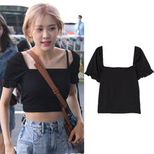 kpop ROSE the same Black square collar T shirt women retro sexy strapless top high waist short tshirt female clothes 2024 - buy cheap