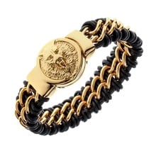 Pulseira de couro preto para homens, bracelete de couro dourado e prateado com corrente de lobo, joias pesadas para presente de aniversário para o papai ele 9 "d073 2024 - compre barato