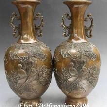 Chinese Bronze Flower Plum Blossom Bird Peafowl Flower Vase Bottle Pair Statue 2024 - buy cheap