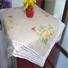 Frete grátis linho quadrado rosa flor 90x90cm bordado toalha de mesa natural toalha de mesa decoração de casa cobertor antependi 2024 - compre barato