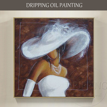 Pintura a mão artística de alta qualidade feminina moderna com chapéu branco e vestido branco pintura a óleo em tela boneco feminino pintura a óleo 2024 - compre barato