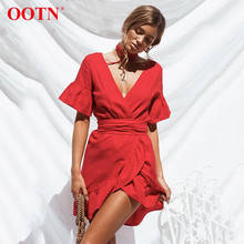 OOTN Ruffled Mini Dress Women Tunic Red Sundress Irregular Deep V Neck 2018 Summer Sun Dresses Female Short Sleeve Waistband 2024 - buy cheap