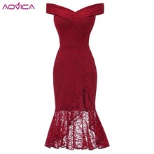 Vestido Formal de encaje con hombros descubiertos para mujer, ropa femenina con cuello en V, color rojo, 2XL talla grande, 2019 2024 - compra barato
