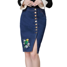 2019 summer floral embroidered denim skirt women jeans pencil skirt high waist split slim knee length plus size button saia new 2024 - buy cheap