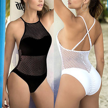 Mesh One Piece Swimsuit Women High Neck Cross Bandage Monokini Push Up Bikini High Cut Out Swimwear Sexy Bodysuit Bathing Suits 2024 - buy cheap