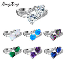 RongXing-anillos de ópalo de doble corazón para mujer, arcoíris místico de circonita, Color plateado, anillo de piedra de nacimiento, joyería de encanto RW1848 2024 - compra barato