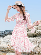 Vestido de chiffon floral, novo verão, comprimento médio, rosa, decote em v, meia manga, slim, fresco, festa, praia, túnicas de verão para mulheres, 2019 2024 - compre barato