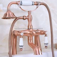 Antique Red Copper Dual Handle Bathtub Sink Faucet Deck Mounted Telephone Style Tub Mixer Taps with Hand Shower Bna176 2024 - buy cheap