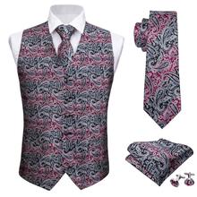 Barry.Wang Men Fahsion Red Paisley Jacquard Woven Black Folral 100% Silk Waistcoat Vest Handkerchief Tie Vest Suit Cufflinks Set 2024 - buy cheap