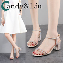 Summer 2019 new type crystals sandals sample bling fairy wind thick heel diamond middle heel open toe small size shoes 2024 - buy cheap