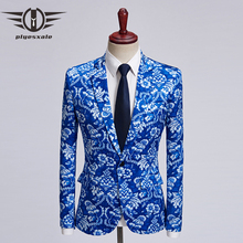 Plyesxale Blue Floral Print Blazer Men Slim Fit Casual Blazers 5XL Elegant Mens Prom Wedding Blazer Brand Stage Costume Q463 2024 - buy cheap