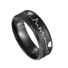 Fashion Stainless Steel Black Ring Momen Romantic Bohemian Electrocardiogram Heart Couple Ring Jewelry for Lovers Wide 8mm 2024 - buy cheap