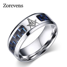 ZORCVENS Cool Blue Carbon Fiber Inlay Masonic Rings For Men Stainless Steel Wedding Ring 2024 - buy cheap