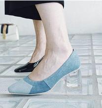 Free Shipping Brand Women Fashion Black White Blue Patent Leather Square Toe Transparent Heel Slip On Med Heels Pumps 2024 - buy cheap