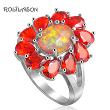 ROLILASON flower design Orange Zircon Inlay  jewelry for women Orange fire Opal silver plated Rings USA size #6#7#8#9#10 OR670 2024 - buy cheap