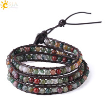 CSJA-pulsera de cuero Triple para mujer, brazalete con cuentas de piedra Natural, ágatas indias, estilo bohemio, 7mm de ancho, S180 2024 - compra barato