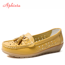 Aphixta 2019 Big Size 44 Women Flats Shoes Woman Genuine Leather Shoes Women Cutout Loafers Slip On Boat Flats Natural Leather 2024 - buy cheap