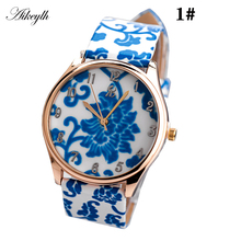 New blue and white porcelain belt watch foreign trade hot selling women's watch vintage leisure flower ladies wrist watch 2024 - buy cheap