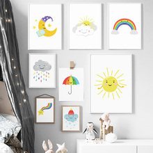 Decoración Para La habitación de los niños, bonito dibujo de sol, nube, Luna, estrella, arcoíris, Smiley, sobre lienzo 2024 - compra barato