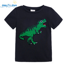 Camiseta de lantejoulas para crianças, camiseta de verão para bebês meninos, camisetas para crianças de 2-7 anos, 4 cores, desenhos de dinossauro com lantejoulas 2024 - compre barato